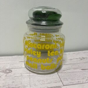 VTG Glass Kitchen Canister Yellow Typography Print Green Bubble Lid Jar MCM 70s